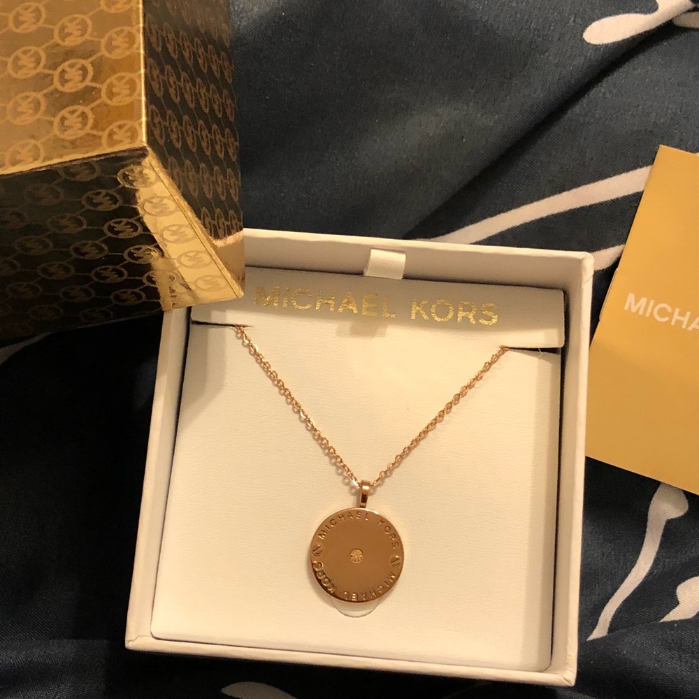 Michael Kors Rose Gold Crystal Logo Disc Pendant